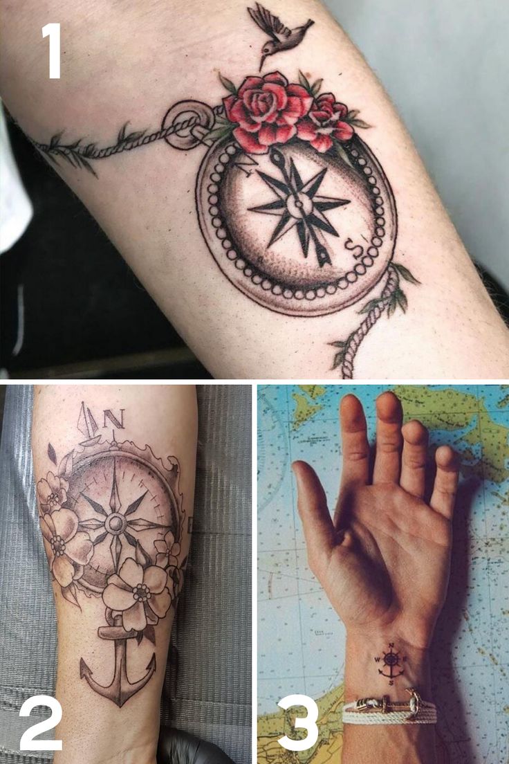 Realistic compass, rose and anchor tattoo design for men and women on forearm and hand with nautical elements tattoo ideas