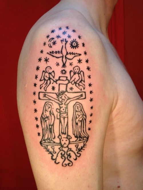 Tribal cross with angels and religious symbols tattoo design for men on arm tattoo ideas
