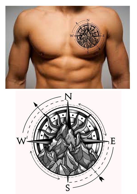 Black and grey mountain and compass tattoo design for men on chest tattoo ideas