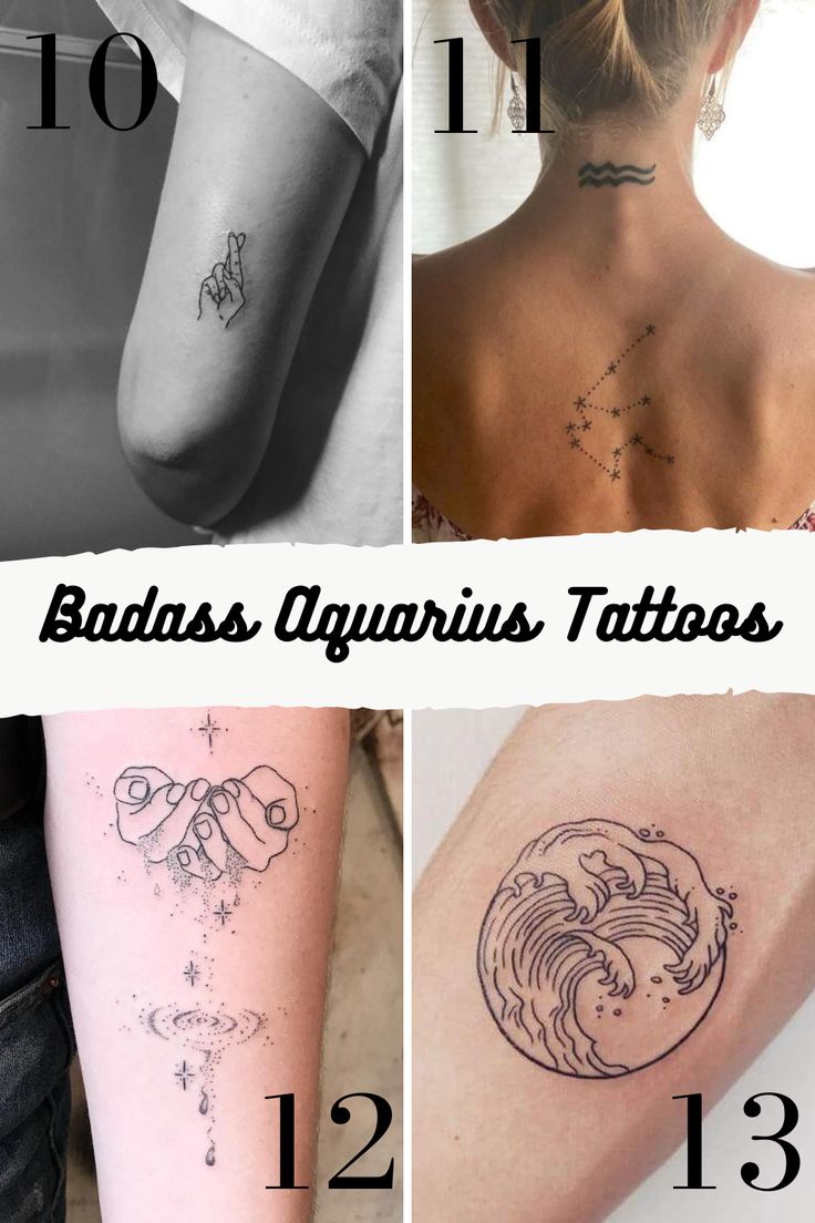 Minimalist Aquarius and ocean wave tattoo design for women on forearm and back tattoo ideas