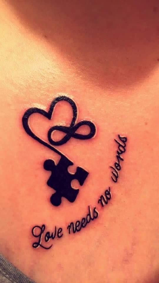 Autism heart and infinity tattoo design for women with script and fine line style on chest tattoo ideas