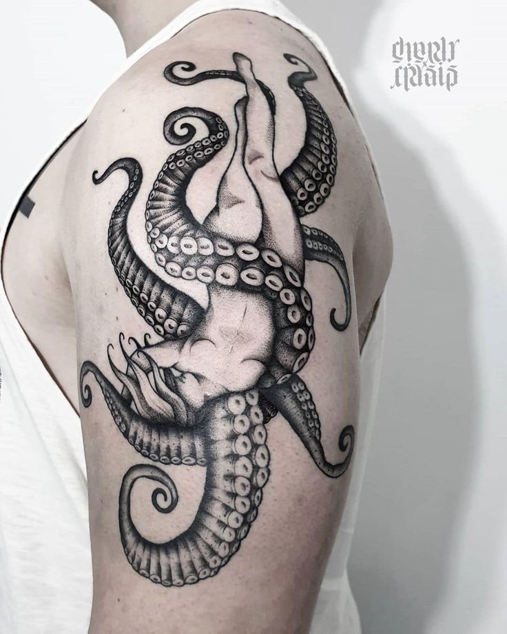 Black and grey octopus tattoo design for men on shoulder and arm tattoo ideas