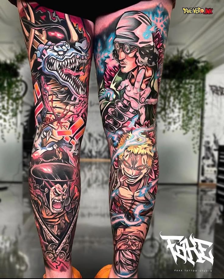New School dragon and Naruto tattoo design for men on leg and thigh tattoo ideas