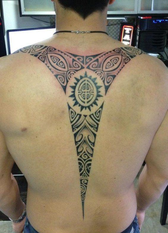 Tribal sun and aztec tattoo design for men on back tattoo ideas