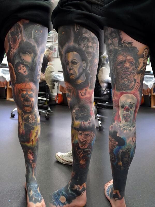 Realistic horror movie characters tattoo design for men on leg, calf, and thigh tattoo ideas