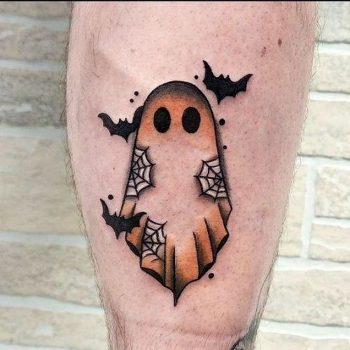 Traditional ghost and halloween tattoo design for men on leg tattoo ideas
