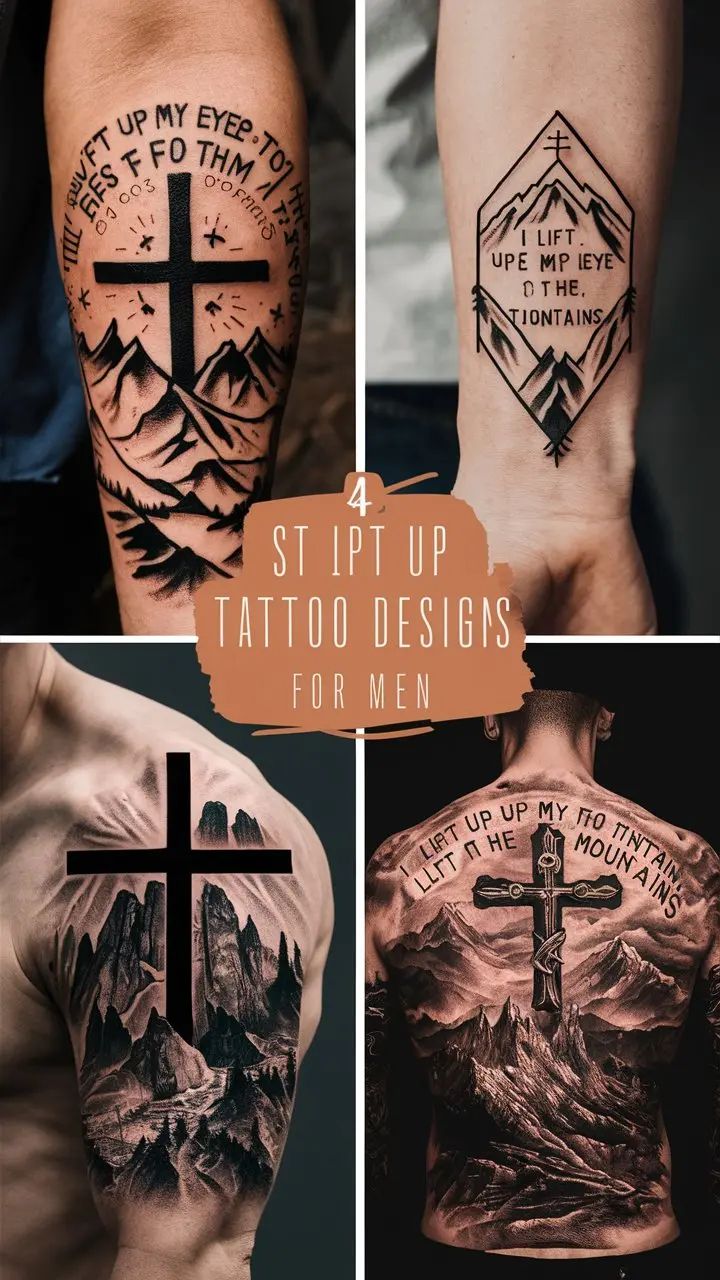 Mountain and cross tattoo design for men with realism style tattoo ideas