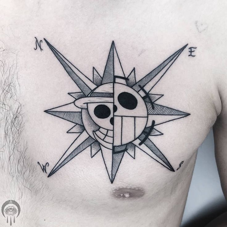 Blackwork sun and one piece tattoo design for men on chest tattoo ideas