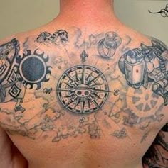 Realistic compass, sun and skull tattoo design for men on back tattoo ideas