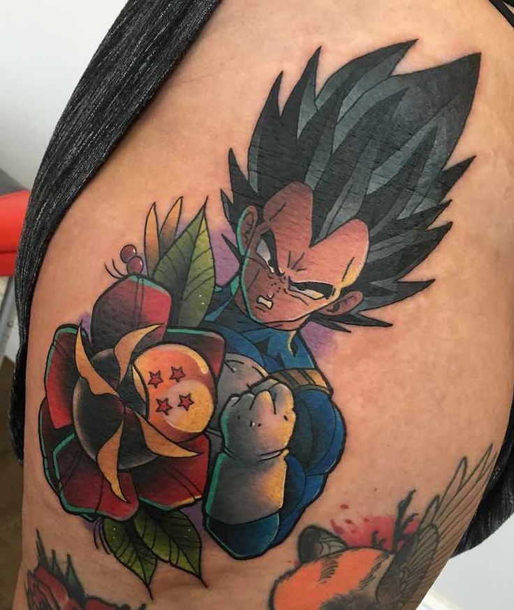 New School Dragon Ball Z and rose tattoo design for men on thigh tattoo ideas