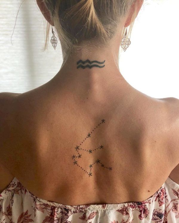 Fine Line Aquarius and star constellation tattoo design for women on neck and back tattoo ideas