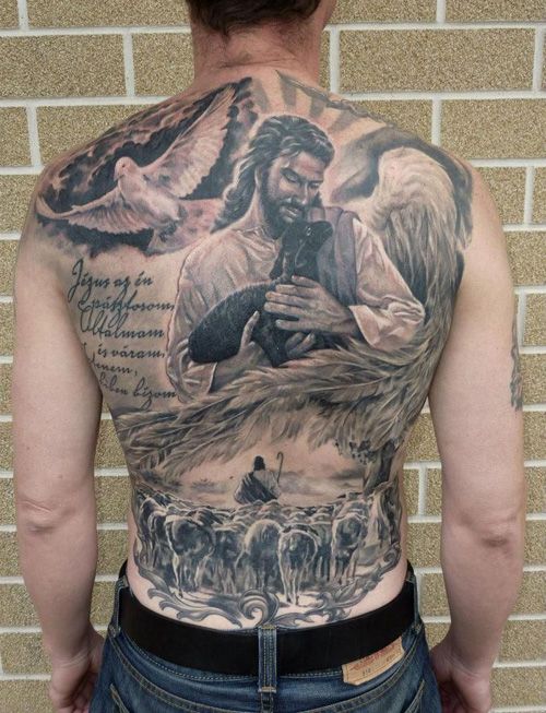 Realistic Jesus, dove, and sheep tattoo design for men on the back tattoo ideas