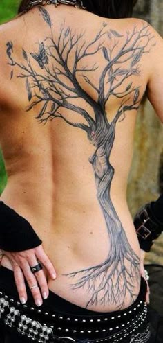 Black and grey tree and butterfly tattoo design for women on back tattoo ideas