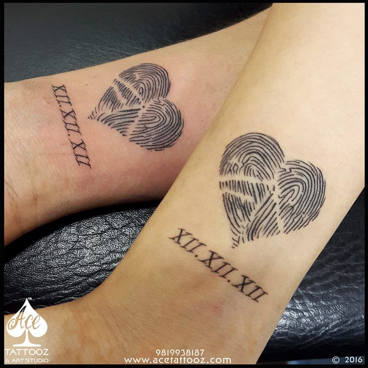 Matching fingerprint heart tattoos with Roman Numerals tattoo design for men and women tattoo ideas