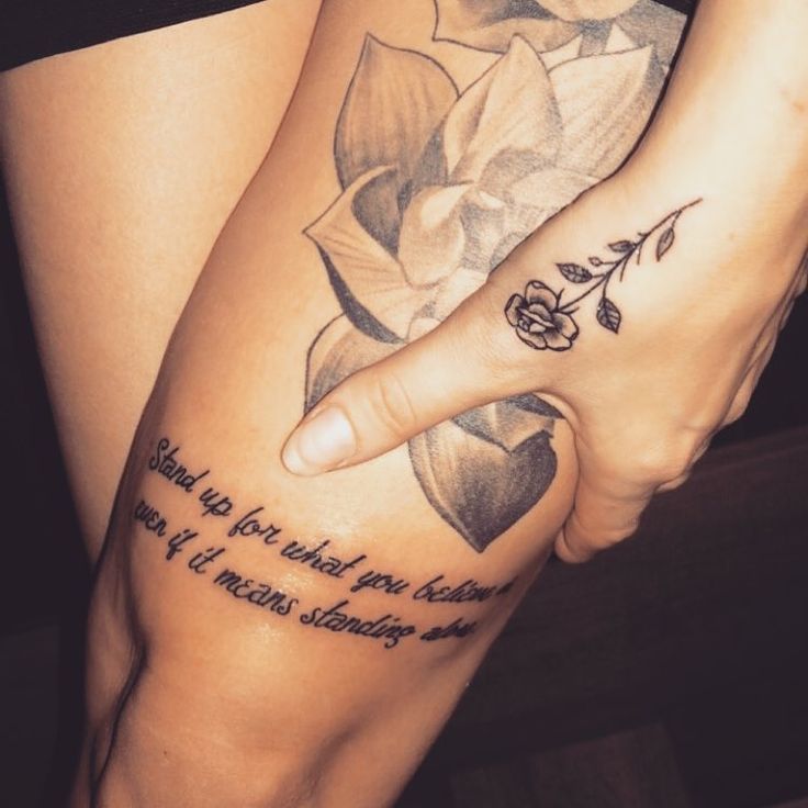 Quote and rose tattoo design for ladies on thigh and hand tattoo ideas