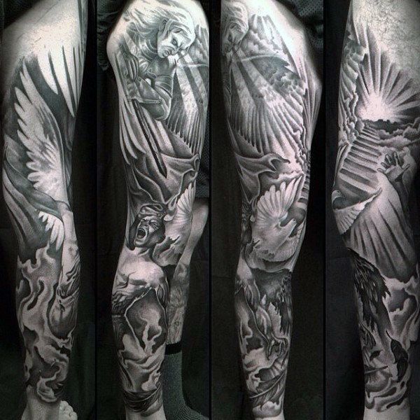Realistic angel and dove tattoo design for men on arm tattoo ideas