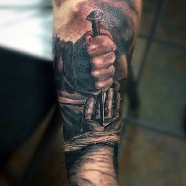 Realistic sword Christian tattoo design for men on forearm tattoo ideas