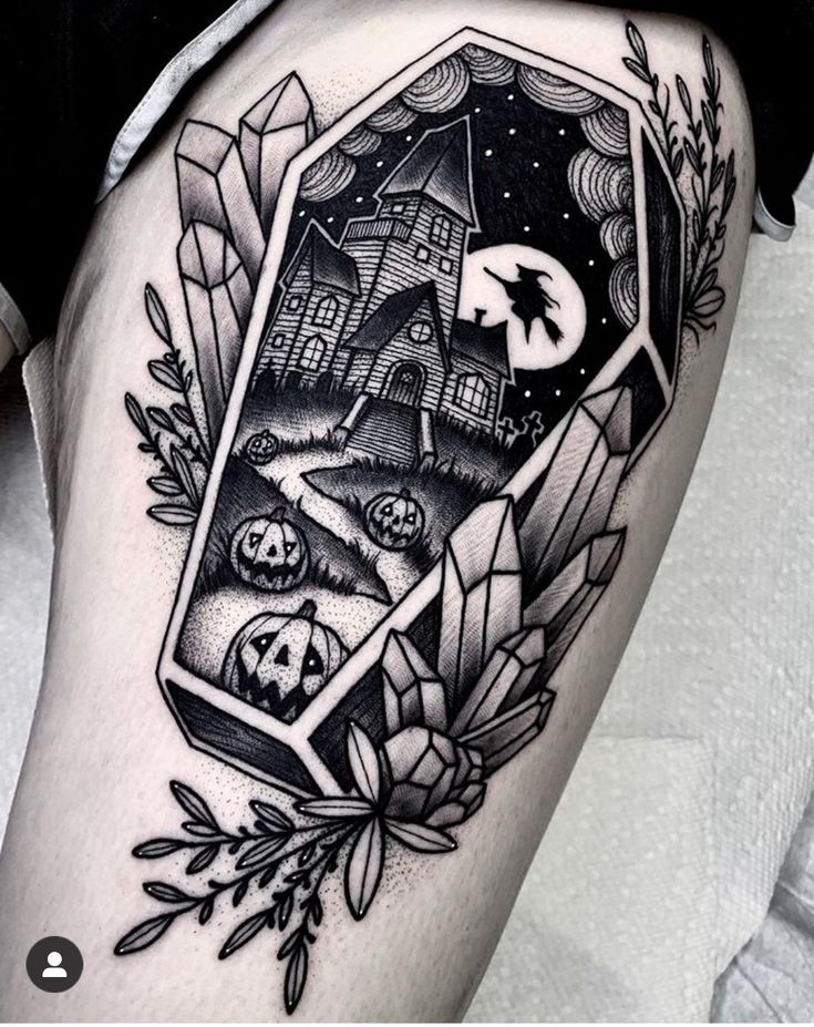 Blackwork witch and Halloween castle tattoo design for women on thigh tattoo ideas