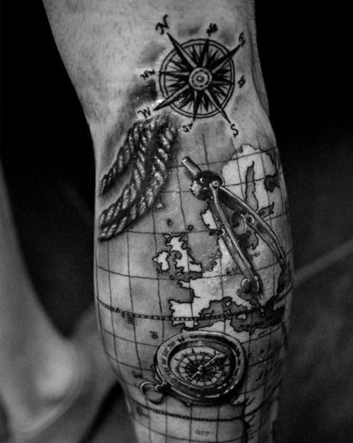 Realism compass and map tattoo design for men on leg tattoo ideas