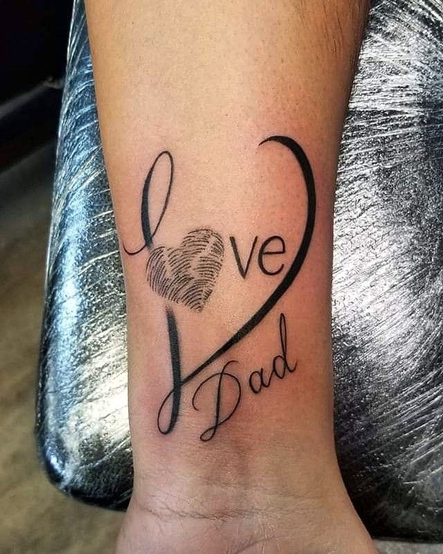 Script tattoo with heart and fingerprint and Dad design tattoo ideas