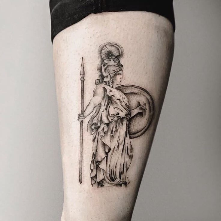 Realistic warrior Greek tattoo design for women on thigh tattoo ideas