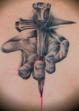 Realistic cross religious tattoo design for men on back tattoo ideas