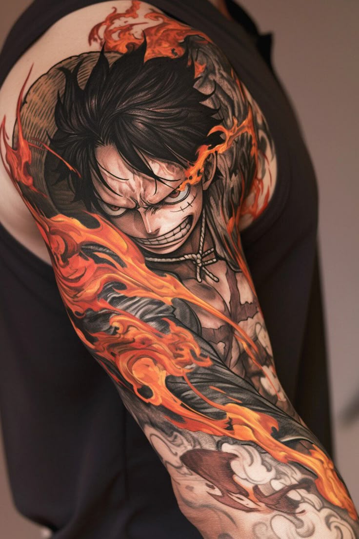 Realistic One Piece tattoo design for men with flames on arm tattoo ideas