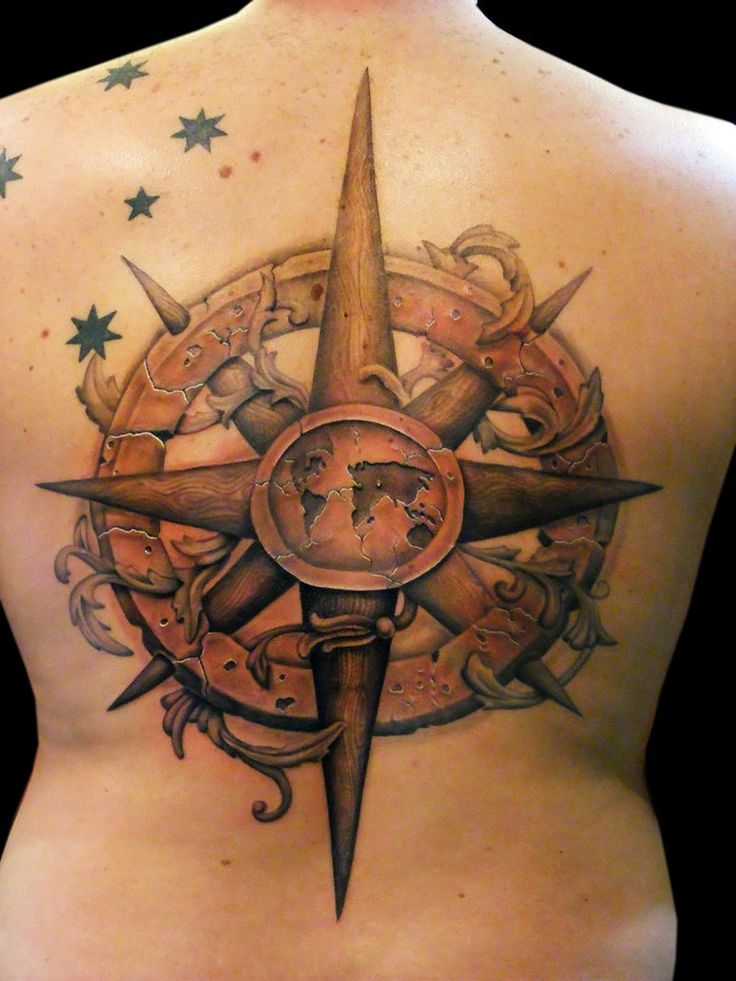 Realistic compass and star tattoo design for men and women on back tattoo ideas
