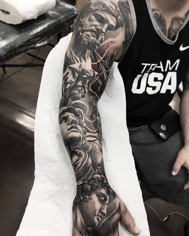 Realistic Greek and compass tattoo design for men on full sleeve and hand tattoo ideas