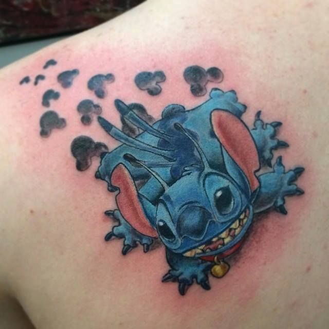 Stitch new school tattoo design for women on shoulder tattoo ideas