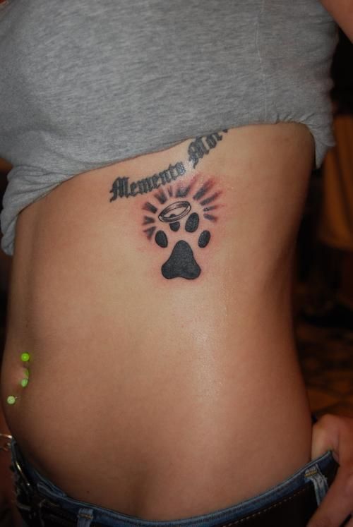 Paw print tattoo design for women on rib with script 'Memento Mori' tattoo ideas