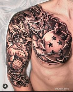 Realistic dragon and dragon ball tattoo design for men on full sleeve and chest tattoo ideas