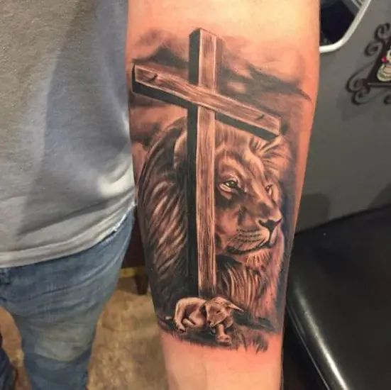 Realistic cross, lion, and lamb tattoo design for men on forearm tattoo ideas