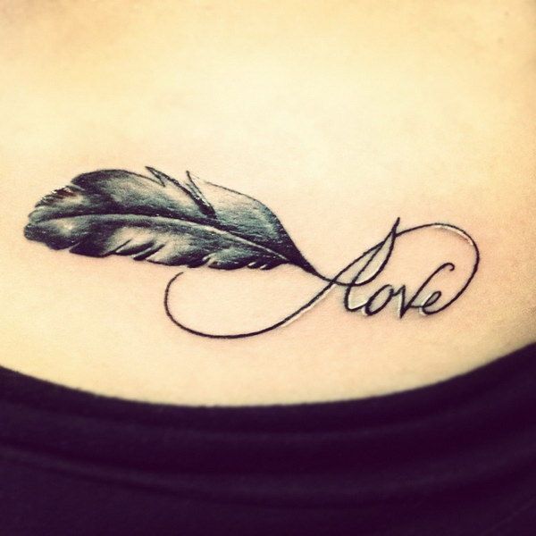 Fine line infinity feather and love word tattoo design for women on chest tattoo ideas