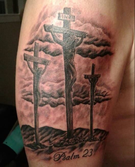 Realistic Jesus cross tattoo design with psalm 23 quote for men on arm tattoo ideas