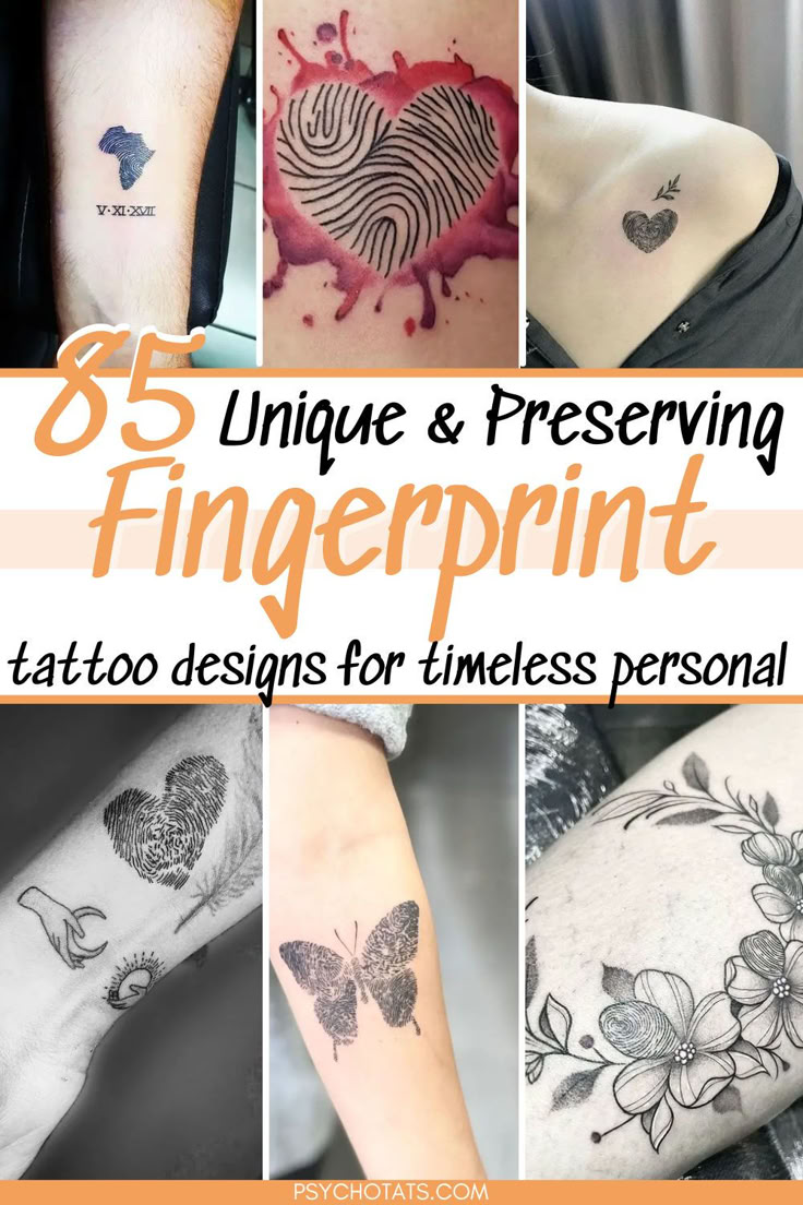 Fingerprint with flowers and butterfly tattoo design for women on arm and shoulder tattoo ideas