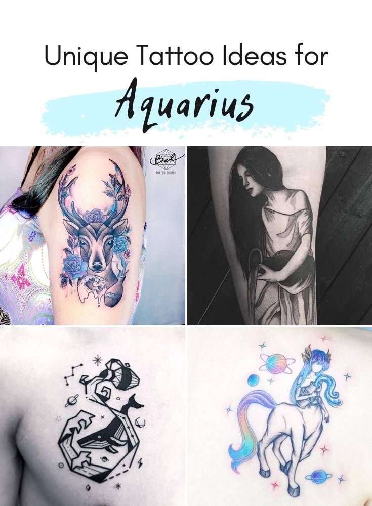 A watercolor and geometric Aquarius maiden tattoo design for women on the chest, with a realism deer and flower tattoo design for women on the arm tattoo ideas