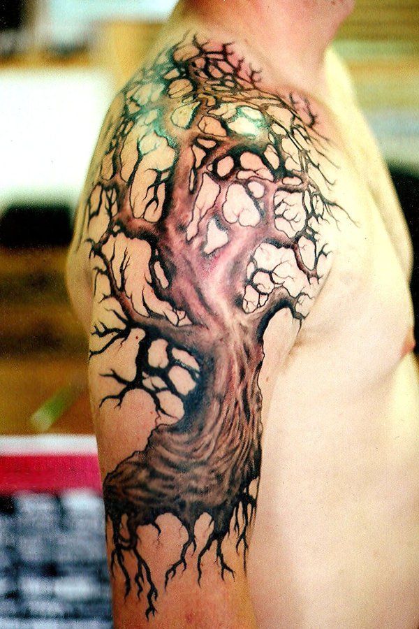 A realism tree tattoo design for men on the arm and shoulder tattoo ideas