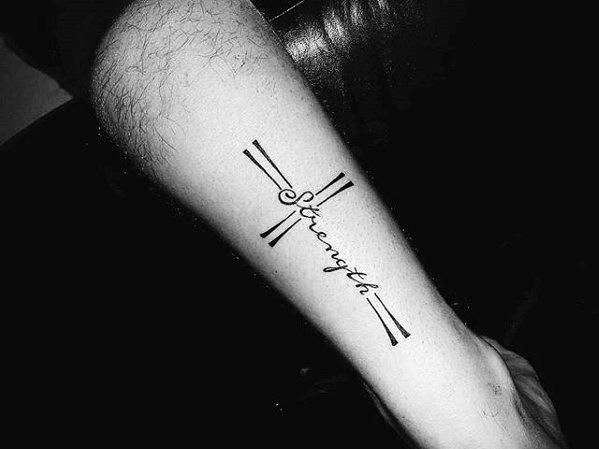 Script strength cross tattoo design for men on forearm tattoo ideas