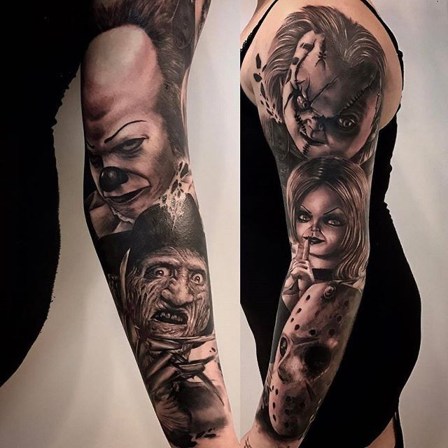 Realistic horror tattoo design for men and women on arm, full sleeve tattoo ideas