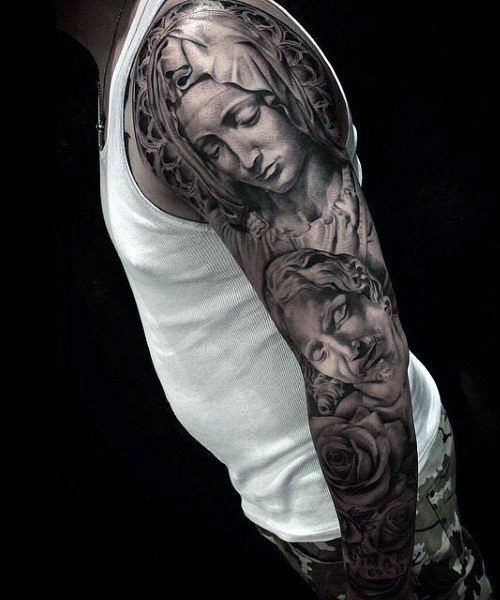 Realistic angel and rose full sleeve tattoo design for men tattoo ideas