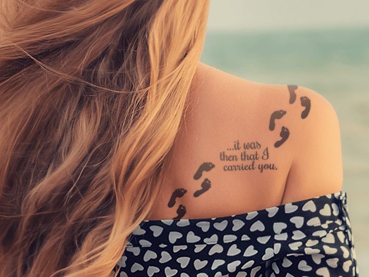 Minimalist footprint and quote tattoo design for women on shoulder tattoo ideas