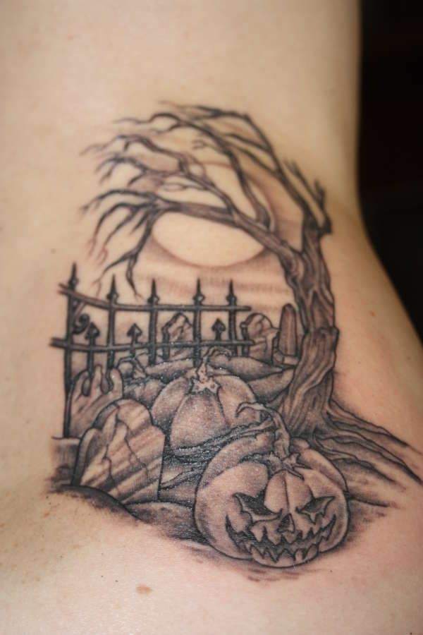 Black and grey Halloween skull and tree tattoo design for women on back tattoo ideas