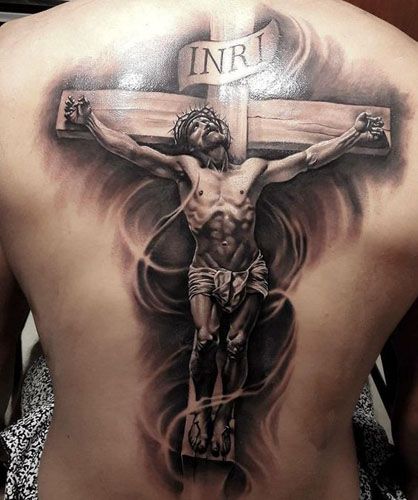 Realistic Jesus on cross tattoo design for men on back tattoo ideas