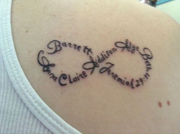 Script infinity and quotes tattoo design for women on shoulder tattoo ideas