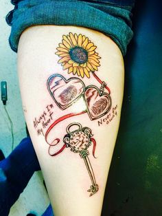 Sketchy sunflower, heart, clock, and fingerprint tattoo design for women on thigh tattoo ideas