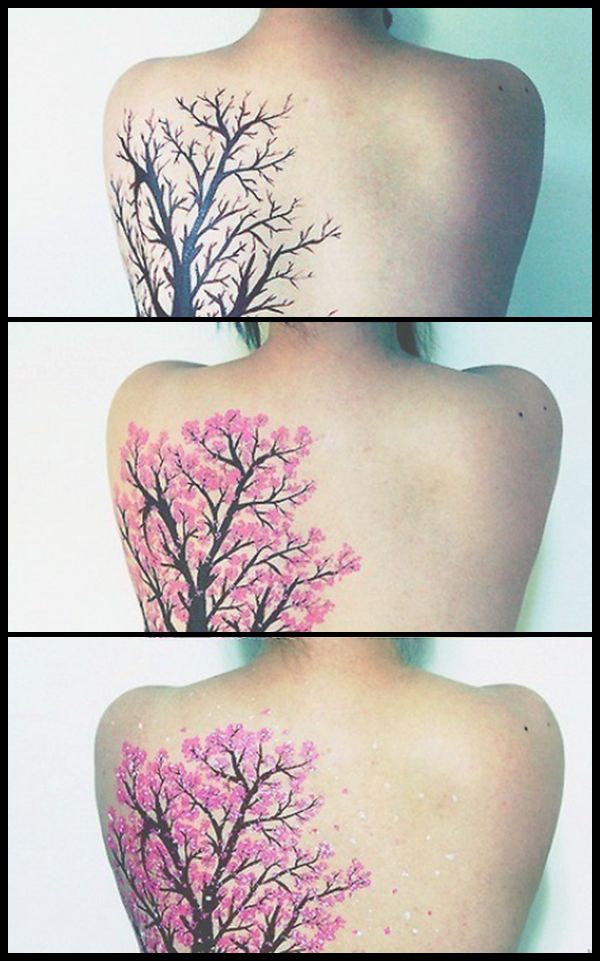 Watercolor tree and floral tattoo design for women on back tattoo ideas