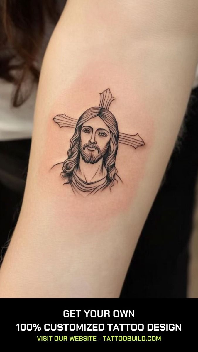 Jesus and cross religious tattoo design for men, women in black and grey style on arm tattoo ideas