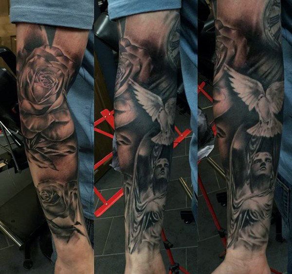 Realistic rose, dove, and angel tattoo design for men on forearm tattoo ideas