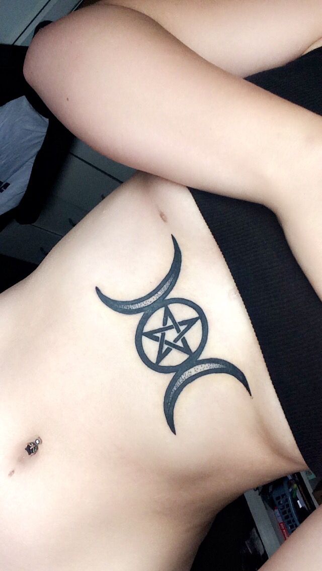 Tribal pentagram and triple moon tattoo design for women on rib and chest tattoo ideas